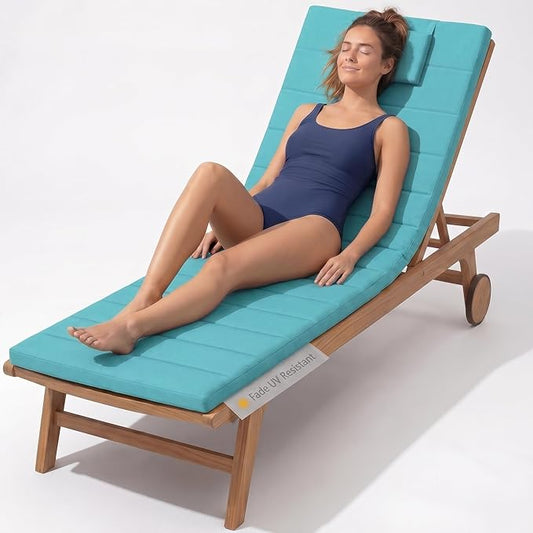 Quilted Chaise Lounge Outdoor Patio Furniture Cushions | Water-Resistant Patio Chair Cushions | Durable, High-Density Foam Outdoor Chair Cushions - Teal, 74"x23" (Chair Not Included)