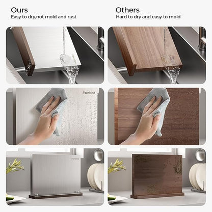 Magnetic Knife Block Without Knives,Stainless Steel Magnetic Knife Holder Rack for Kitchen Counter,Strong Double Sided Magnet Knife Storage Stand with Wood Base