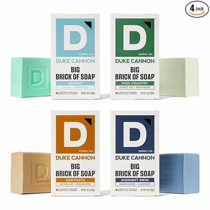 Duke Cannon Supply Co. Big Brick Bar Soap for Men, 10 oz Each (4 Pack) – Midway, High Country, Sawtooth & Midnight Swim – USA Made Large Soap Bars, Masculine Scents