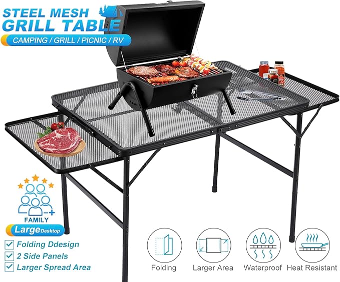 Large Folding Camping Table - Metal Mesh Grill Table with 2 Wing Panels | 2 Adjustable Heights | Large Picnic & Outdoor Table | Expandable Shelves, Lightweight (4.4 FT, Black)