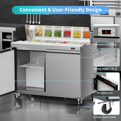 48" W Commercial Refrigerator Sandwich Salad Prep Table Refrigerator Stainless Steel with 12 Pans, Kitchen Equipment for Restaurant, Bar, Shop, Buffet, etc