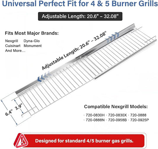 20.6''-32.08'' Adjustable Universal Stainless Steel Grill Warming Rack - Fits Nexgrill (720-0830H/X, 720-0888B/N, 720-0958B), Dynaglo, Cuisinart, Monument 4/5 Burner Gas Grills