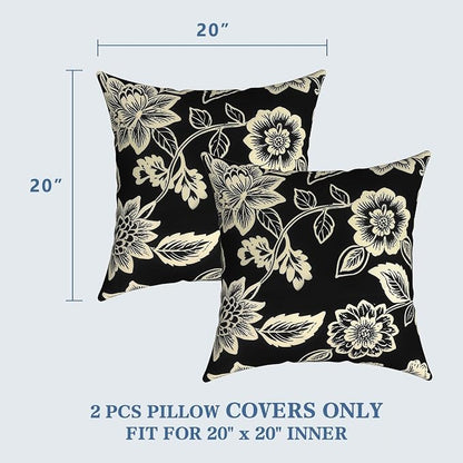 LVTXIII Outdoor Pillow Covers 20x20 Inch, 2 Pack Large Square Throw Pillow Cases, Fade-Resistant Cushion Covers for Patio Furniture Sofa, Garden Porch, Elegant Vines Black