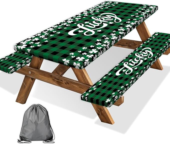 St. Patrick's Day Picnic Table Cover with Bench Covers, Camping Essentials, Buffalo Plaid Shamrock Lucky Outdoor Table Covers, Waterproof, Fitted Tablecloth Cover with Elastic Edge, 3 PCS, 30x72 Inch