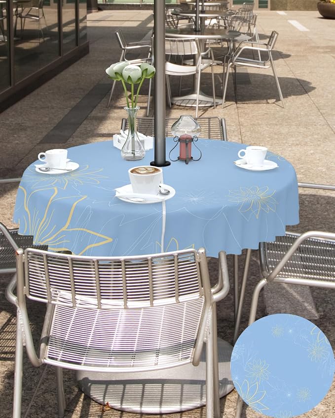 QueenKer Outdoor Tablecloth with Umbrella Hole, Minimalist Lines Leaves Flowers Blue Round Tables Waterproof Tabletop Collection for Patio, Garden, Picnic, Camping, Dining 60R