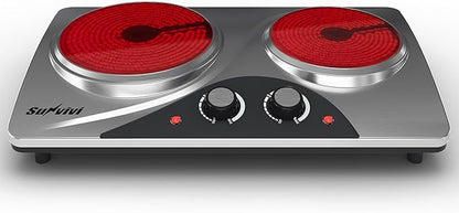 Sunvivi 1800W Dual Burner Portable Electric Ceramic Stove – Knob Control, Indicator Light, Compatible with All Cookware, Ideal for Multiple Cooking Scenarios, Silver