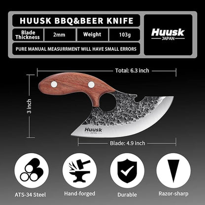 Huusk Knives, Viking Boning Knife for Meat Cutting, Small Ulu Knife, Hand Forged Full Tang Caveman Ultimo Knives for Kitchen or Camping Christmas Gift for Men and Women