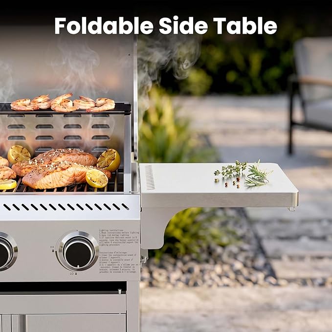 COWSAR 3 Burner Propane Gas Grill, 24,000 BTU Outdoor BBQ Grill with Side Table, Porcelain-Coated Cast Iron Grates, Removable Grease Tray for Backyard Cooking