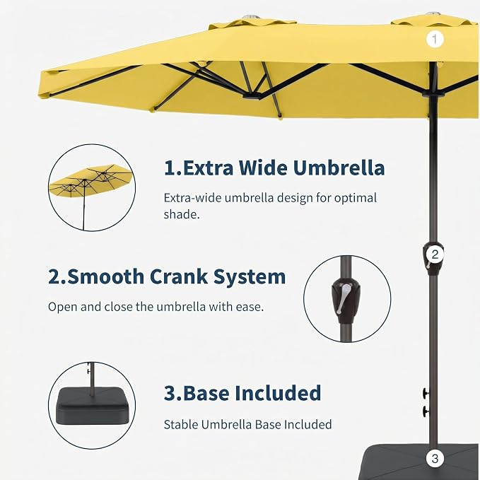 15FT Double Sided Patio Umbrella with Base Included Large Outdoor Market Umbrella with Crank Handle, UV Resistant Canopy, Sturdy Frame for Garden, Poolside, Deck, Sunshine Yellow