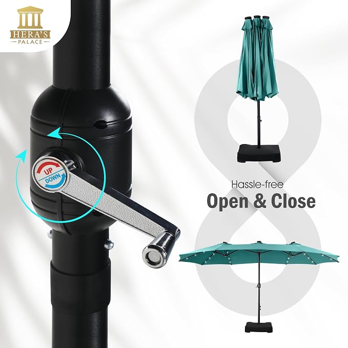 15ft Patio Umbrella with Solar lights & Base, Large Umbrellas, Turquoise | HERA'S PALACE Rectangle Double Market Umbrella with 36 LED Lights, Big Outdoor Umbrellas for Pool Picnic Inground Yard Deck