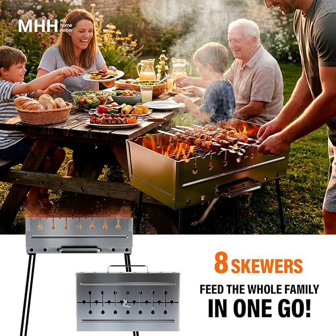 Stainless Steel Charcoal Grill for 8 Skewers – Portable BBQ 16.93"×11.81"×21.26" – Foldable Kabob Mangal – Rustproof Shish Kebab Grill for Outdoor Cooking (Skewers Not Included)