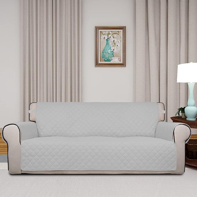 PureFit Reversible Quilted Sofa Cover, Water Resistant Slipcover Furniture Protector, Washable Couch Cover with Non Slip Foam and Elastic Straps for Kids, Pets (Sofa,Light Gray/Ivory) Large | Light Gray/Ivory, Water Resistant Couch Protector, Washable ...