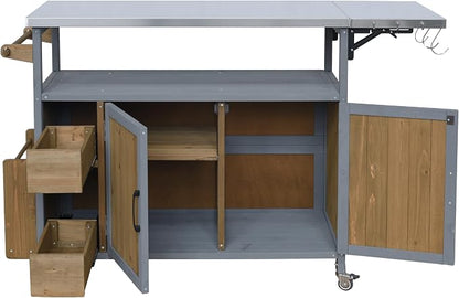 Christopher Knight Home Edsel Outdoor Bar Cart with Stainless Steel Top and Lockable Wheels, Solid Wood Outdoor Storage Cabinet, Kitchen Island Serving Cart for Poolside, Walnut Brown+Blue Gray