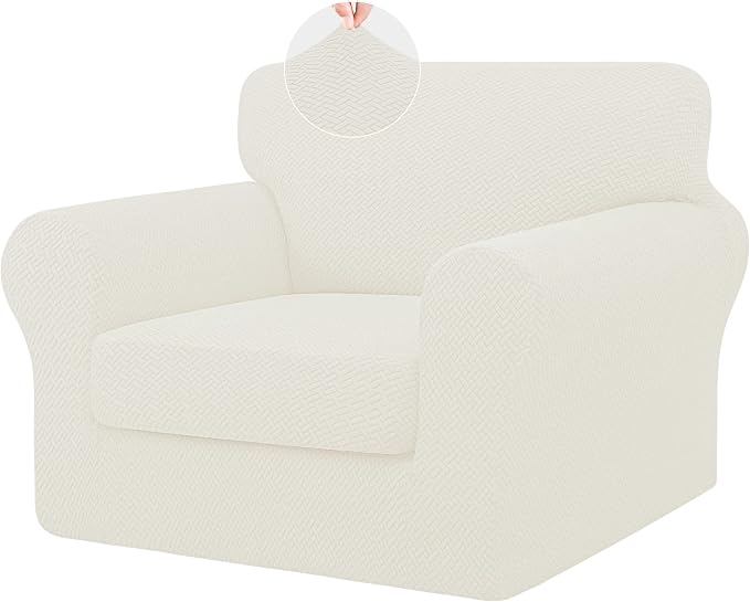ISSUNTEX 2 Pieces High Stretch Thicken Chair Couch Covers, Soft Sofa Slipcover for 1 Separate Cushion Couch, Jacquard Fabric Elastic Sofa Cover Furniture Protector for Dogs (Chair, Ivory)