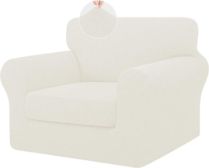 ISSUNTEX 2 Pieces High Stretch Thicken Chair Couch Covers, Soft Sofa Slipcover for 1 Separate Cushion Couch, Jacquard Fabric Elastic Sofa Cover Furniture Protector for Dogs (Chair, Ivory)