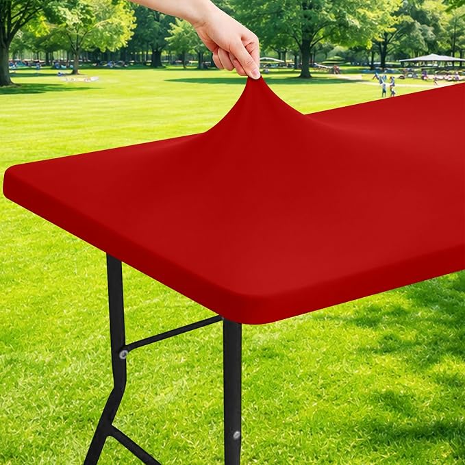Moosfor Spandex 5 Foot Rectangle Christmas Table Cloth, Elastic Fitted Tablecloths for Picnic, Stretch Washable Patio Table Cover for Outdoor, Camping, Banquet and Parties (Red, 30"x60")