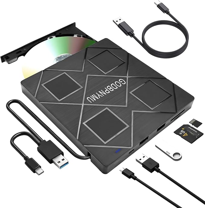 5-in-1 Extemal CD/DVD Drive for Laptop,USB 3.0 & Type-C Portable CD/DvD Rw Burner with SD/TF Card Reader &DVD-ROM Rewritable Player，Compatible with Laptop Pc Desktop, Windows11/10/8/7 Linux Mac os