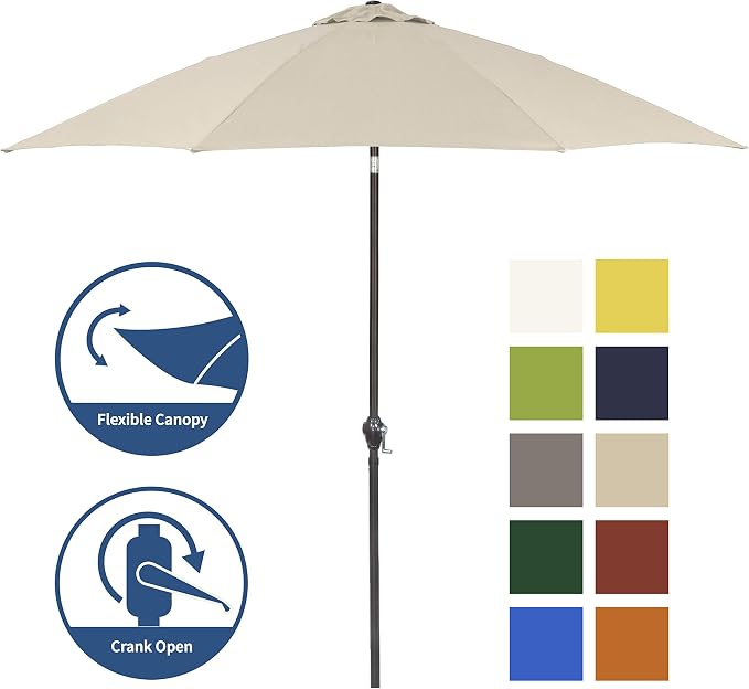 Sunline 9 ft Patio Umbrella with Crank & Push Button Tilt, Outdoor Market Umbrella with UV Protection & Wind Vent and Fiberglass Ribs, Metal Frame for Deck, Pool & Table, Antique Beige