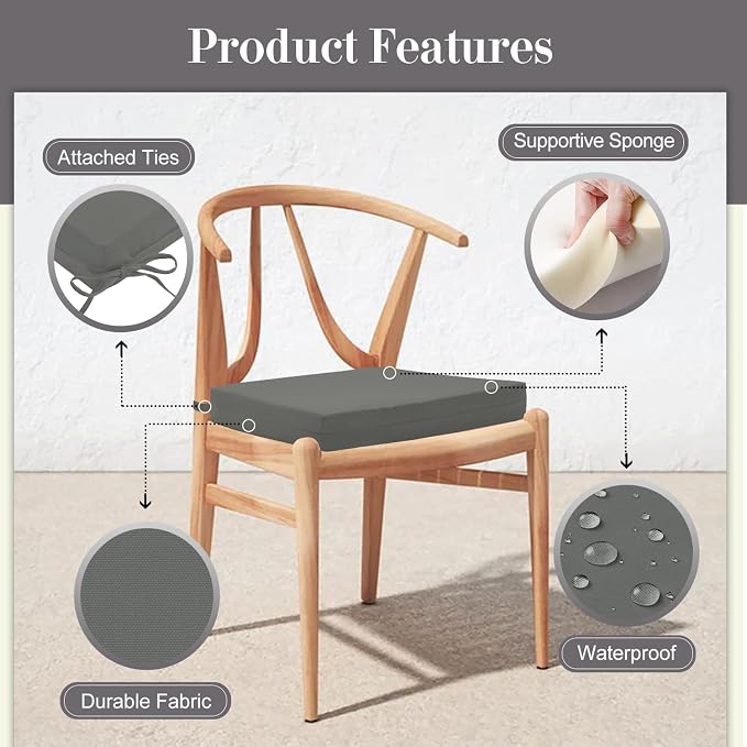 Cozyide Outdoor Chair Cushions, Waterproof Patio Seat Cushions with Adjustable Straps, Square Corner Patio Chair Cushions for Garden, Dark Grey, 18.5x16x3 Inch (Pack of 4)