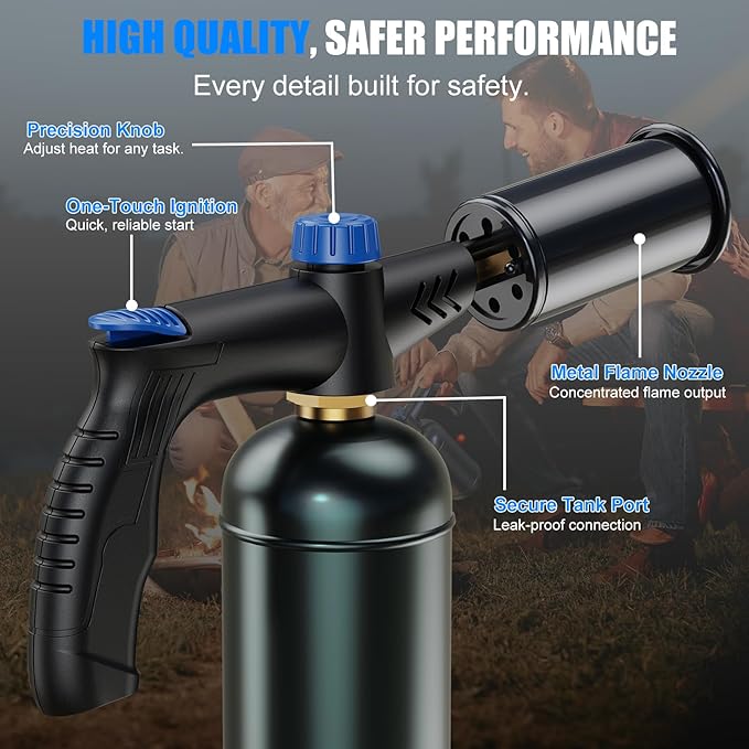 Propane torch with Ergonomic handle, One-Touch Ignition, Adjustable Flame, Propane torch gun with One-Piece Safety Design Ideal for Grill & Cooking, Sous Vide, Searing Steak, BBQ, Campfire Starter