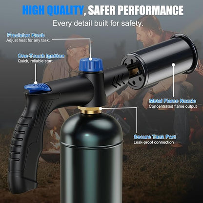 Propane torch with Ergonomic handle, One-Touch Ignition, Adjustable Flame, Propane torch gun with One-Piece Safety Design Ideal for Grill & Cooking, Sous Vide, Searing Steak, BBQ, Campfire Starter