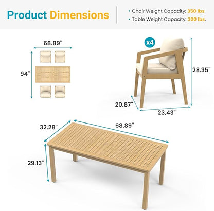 Wisteria Lane 5-Pieces Acacia Patio Table and Chairs Set for 4, Outdoor Dining Set with Umbrella Hole Table, Modern Patio Table Set with Cushion, Patio Furniture Set for Backyard Deck Garden Porch