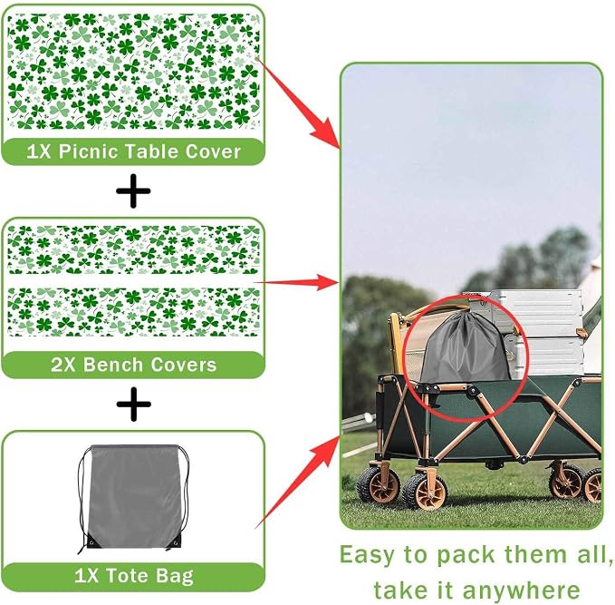 JAWO St Patrick's Day Picnic Table Cover with Bench Covers, Camping Essentials, Shamrock Lucky Outdoor Table Covers, Waterproof, Fitted Tablecloth Cover with Elastic Edge, 3 PCS, 30X96 Inches
