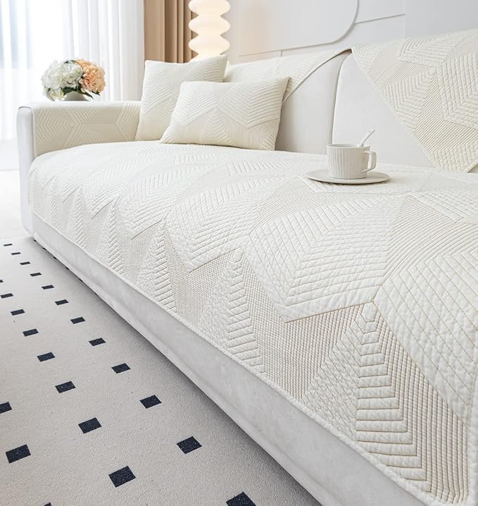 vctops Cotton Quilted Couch Covers for Sectional Sofa (Cream,28"x59") | Geometric Washable Non Slip Sofa Slipcover for Dogs, Children, Pets Furniture Protector Cover