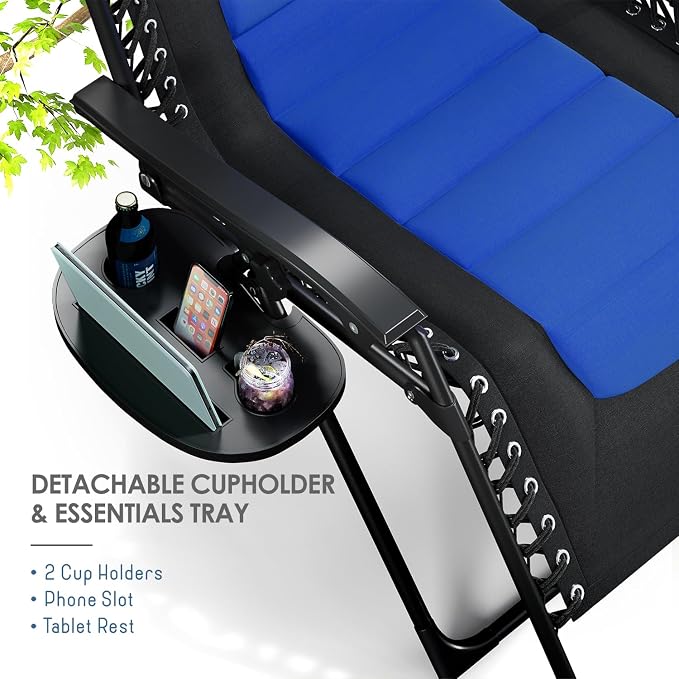 Nestl Padded Oversized Zero Gravity Chair, XL Outdoor Lounge Chair Set of 2 | Adjustable Headrest, Cup Holder & Side Tray, Support 330 LBS, Anti Gravity Reclining, For Patio, Camping & Beach, Black/Blue