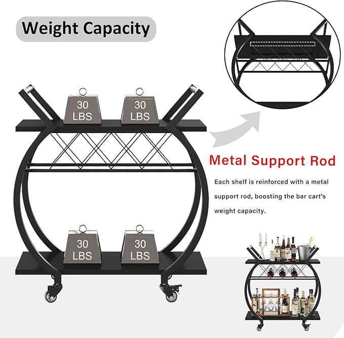 LVB Black Bar Cart with Wheels, Industrial Wine Cart with Storage for Home | Modern Bar Cart with Wine Rack, Beverage Rolling Kitchen Serving Cart, Wooden Microwave Drink Liquor Cart for Dining Room