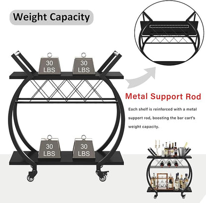 LVB Black Bar Cart with Wheels, Industrial Wine Cart with Storage for Home | Modern Bar Cart with Wine Rack, Beverage Rolling Kitchen Serving Cart, Wooden Microwave Drink Liquor Cart for Dining Room