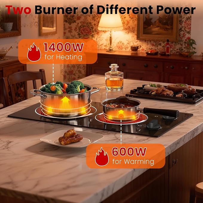 2 Burner Electric Cooktop 110V 2000W Countertop or Built-in | 12 Inch Plug in Two Burner Electric Stove, Hot Plate Ceramic Stovetop, Knob Control, 9 Power Levels and Overheat Protection