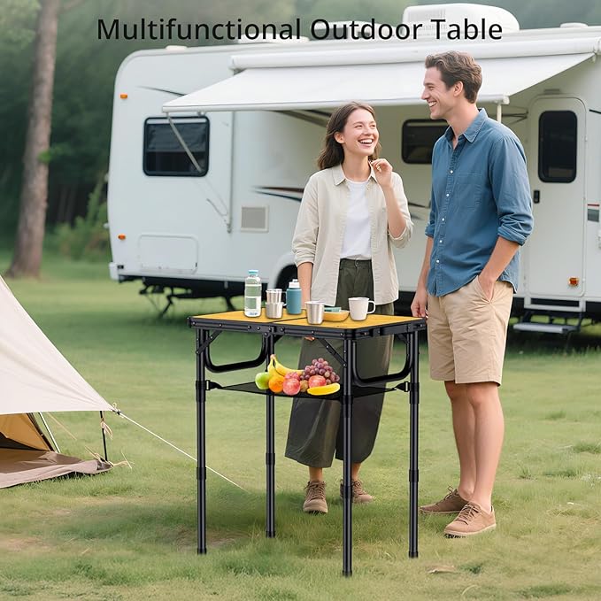 Anbte 2ft Camping Table Foldable, 24" x 16" Small Folding Table Portable | 3 Adjustable Heights Max 27.5", with Storage Net, Aluminum Lightweight, for Travel Beach Camping Picnic BBQ, Light Oak Grain