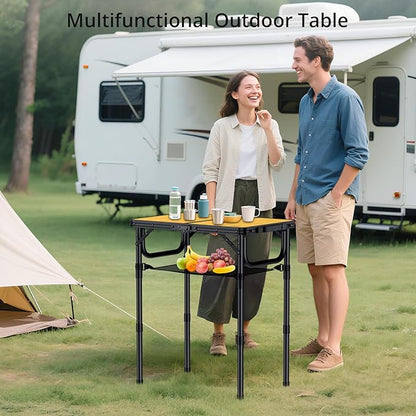 Anbte 2ft Camping Table Foldable, 24" x 16" Small Folding Table Portable | 3 Adjustable Heights Max 27.5", with Storage Net, Aluminum Lightweight, for Travel Beach Camping Picnic BBQ, Light Oak Grain