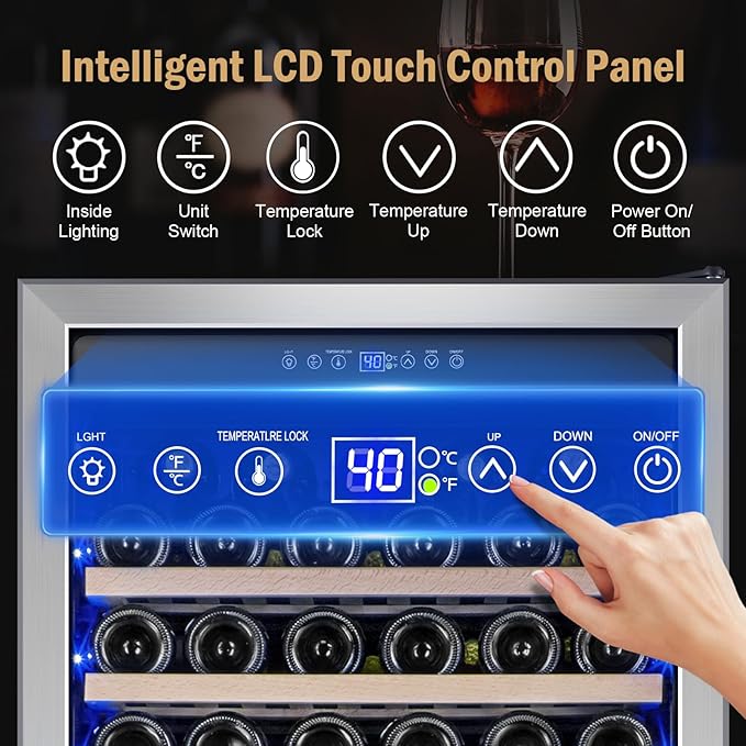 24" 173-Bottle Freestanding Wine Cooler, Low Noise with Sliding Shelves | Tall design, Compressor fast cooling, Low noise, Reversible door, Digital temp display, Black finish, Home or commercial use