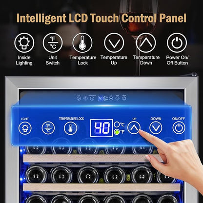 24" 173-Bottle Freestanding Wine Cooler, Low Noise with Sliding Shelves | Tall design, Compressor fast cooling, Low noise, Reversible door, Digital temp display, Black finish, Home or commercial use