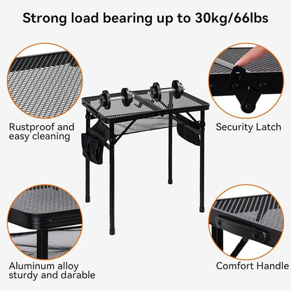 2Ft Foldable Grill Table for Camping, Portable Metal Mesh BBQTable with Dual Side Storage Bags, Lightweight Folding Outdoor Cooking Table for Picnic, RV Travel, Beach & Backyard BBQ
