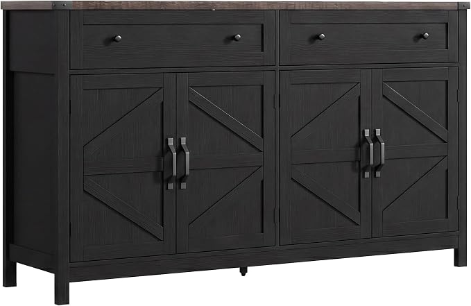 ChooChoo 55" W Coffee Bar Cabinet, Kitchen Storage Cabinet with 2 Drawers | Farmhouse Sideboard Buffet Cabinet, Adjustable Shelf & 4 Doors, Vintage Black