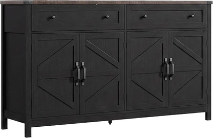 ChooChoo 55" W Coffee Bar Cabinet, Kitchen Storage Cabinet with 2 Drawers | Farmhouse Sideboard Buffet Cabinet, Adjustable Shelf & 4 Doors, Vintage Black