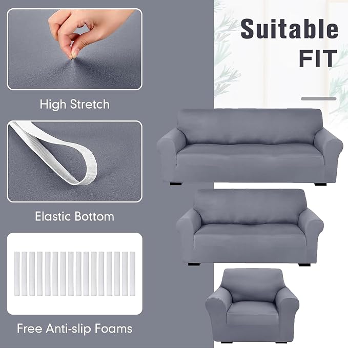 Peryiter 3 Pcs Couch and Loveseat Sofa Covers,Light Gray,Milk Silk | Armchair Covers for Living Room, Sofa Cushion Slipcover, Furniture Protector, Polyester and Spandex, Washable