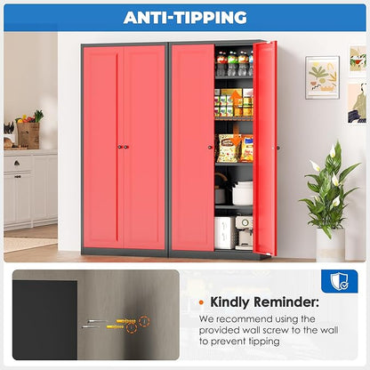 INTERGRAET Kitchen Pantry Cabinet, 63" Tall Metal Pantry Storage Cabinets with 2 Doors and 4 Shelves, Metal Storage Cabinet,Cupboard for Home,Kitchen,Living Room/Dining, Black Red