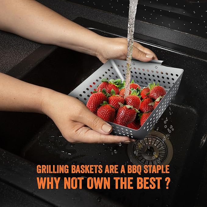 Yukon Glory™ Grilling Basket Set – 3-Piece 9x9x2 Stainless Steel Square Grill Baskets for Outdoor Grill – Perforated BBQ Grill Basket Perfect for Grilling Veggies, Seafood and Meats