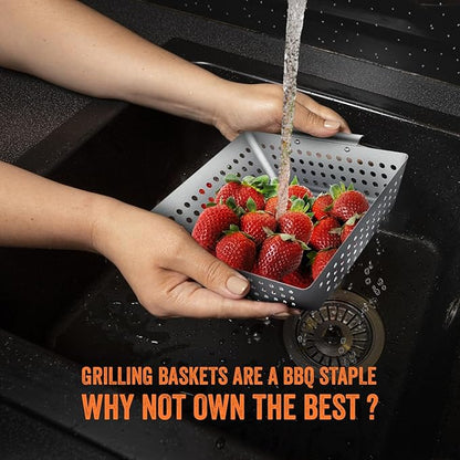 Yukon Glory™ Grilling Basket Set – 3-Piece 9x9x2 Stainless Steel Square Grill Baskets for Outdoor Grill – Perforated BBQ Grill Basket Perfect for Grilling Veggies, Seafood and Meats