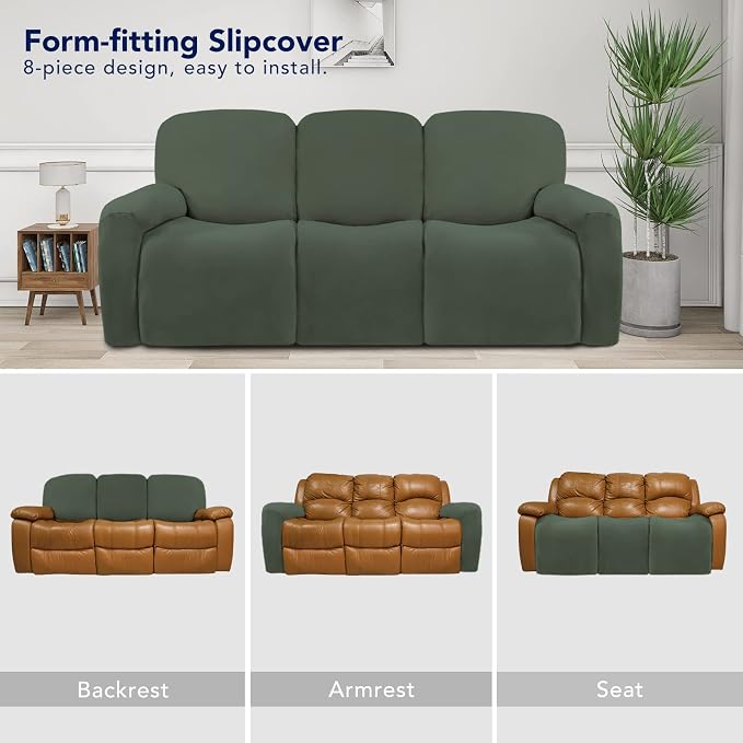 PureFit Super Stretch 3 Seats Recliner Sofa Couch Cover with Pocket | Non Slip Soft Sofa Slipcover, Washable Spandex Reclining Furniture Protector for Kids, Pets (Recliner Sofa, Grayish Green)