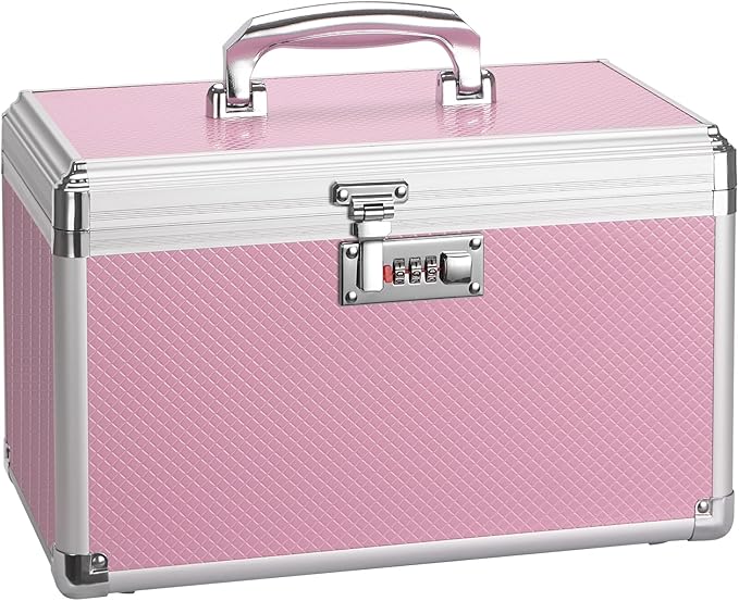 Medicine Lock Box with Combination Lock - 10 x 6 x 6.7 Inches - First Aid Safe Medication Storage Box, Personal Items Safe Case for Home and Outdoor - Pink 【No Strap】