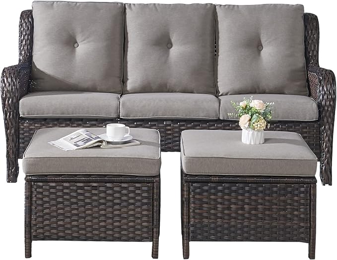 Rilyson Wicker Outdoor Patio Sofa with Ottoman, Large 3 Seater Wicker Patio Couch with 4in Replaceable Seat Cushions and Deep Seating, All Weather for Backyard, Garden, Poolside (Brown/Grey)