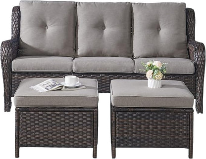 Rilyson Wicker Outdoor Patio Sofa with Ottoman, Large 3 Seater Wicker Patio Couch with 4in Replaceable Seat Cushions and Deep Seating, All Weather for Backyard, Garden, Poolside (Brown/Grey)