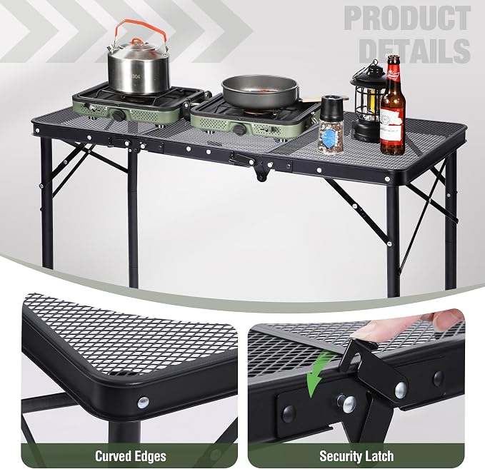 REDCAMP Triple Foldable Grill Table, 34x16 Inches Outdoor Camping Table | 3 Heights Adjustable, Lightweight Metal Frame, Portable Foldable Design, For Picnic BBQ Cooking Outdoor Use