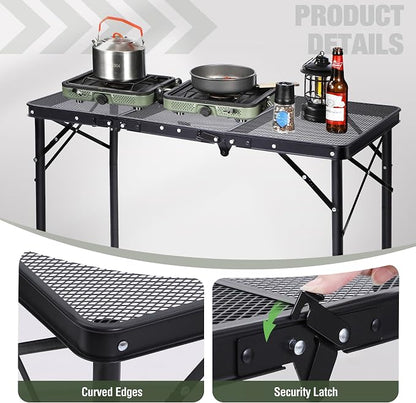 REDCAMP Triple Foldable Grill Table, 34x16 Inches Outdoor Camping Table | 3 Heights Adjustable, Lightweight Metal Frame, Portable Foldable Design, For Picnic BBQ Cooking Outdoor Use