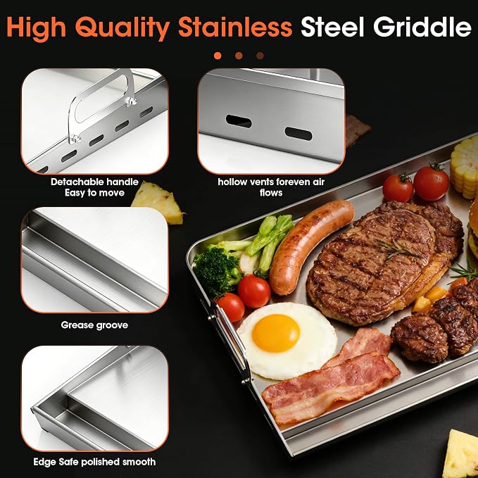 EUTRKei 23"x16" Stainless Steel Griddle for Gas Grill, Plancha Para Cocinar | Reinforced Flat Top with Grease Groove, Effortless Cleanup for Backyard BBQ, Tailgating, Camping & Family Parties